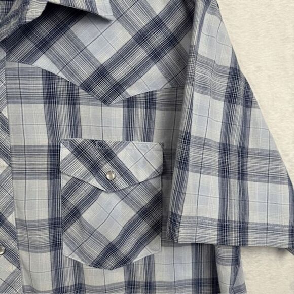 Wrangler Vintage Pearl Snap Short Sleeve Blue Plaid Shirt Front Pockets Size 2XL - Picture 2 of 8